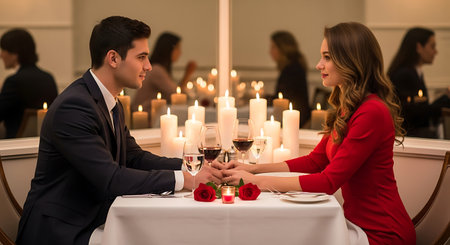 Couple holding hands at a romantic candlelit dinner, celebrating love.の素材