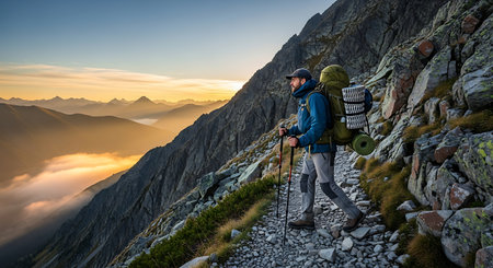 Male trekker with backpack on rocky mountain path during golden sunset.の素材