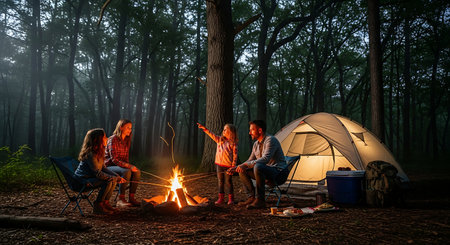 Family enjoying a cozy campfire and camping in a dark forest at night.の素材