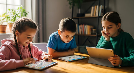 Three kids focused on tablets, embracing digital learning and educational apps.の素材
