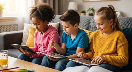 Diverse children learning and playing with digital tablets on a sofa.の素材