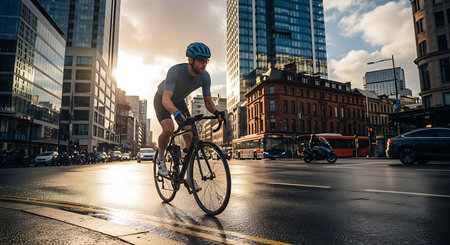 Dynamic shot of cyclist on wet city street during golden hour. Urban commute & fitness.の素材