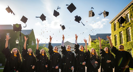 Diverse graduates celebrate academic success by tossing caps outdoors.の素材