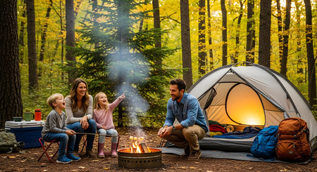 Happy family enjoys roasting marshmallows by a campfire during an autumn camping trip.の素材