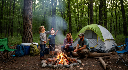 Happy family camping, roasting marshmallows over a campfire in a lush forest.の素材