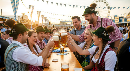 Unidentified people in traditional Bavarian clothes drink beer at the Oktoberfest in Munich, Germany.の素材