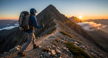Hiker with backpack on the trail in the mountains at sunset.の素材