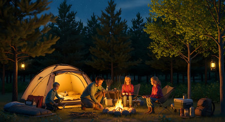 Father and children enjoy a cozy night by the campfire, roasting treats.の素材