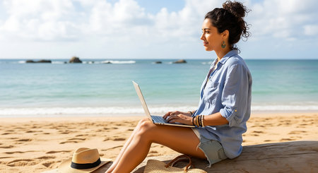 Young woman working on laptop at beautiful sandy beach, enjoying freedom.の素材