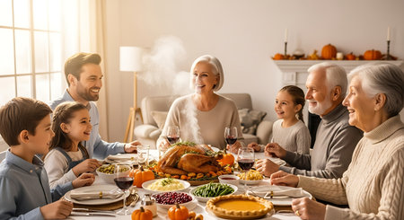 Smiling family enjoying festive holiday dinner with roasted turkey and pumpkin pie.の素材