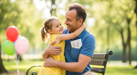A loving father and his young daughter share a tender hug in a sunny park.の素材