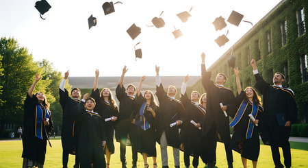 Diverse group of university graduates celebrate their success by tossing caps in the air on a sunny day.の素材