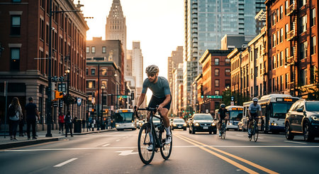Cyclist navigating urban traffic with warm sunset light, vibrant cityscape.の素材