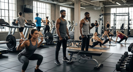 Fitness enthusiasts training with weights and machines in a modern gym.の素材