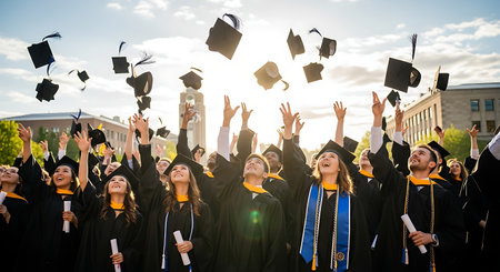Exultant university students celebrate graduation day, throwing caps.の素材