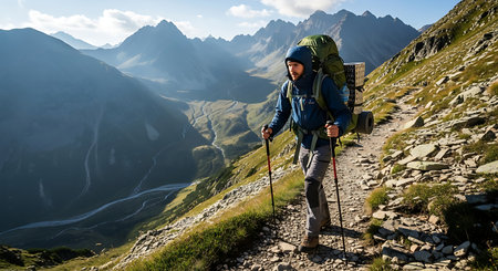 A determined male hiker with backpack and poles on a rugged mountain trail.の素材