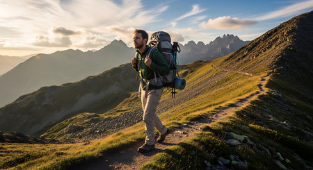 Man with backpack hiking a scenic mountain trail during golden hour sunset.の素材
