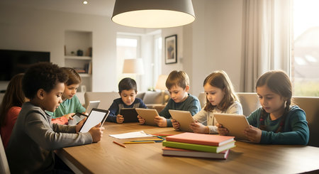 Diverse kids engrossed in their tablets, fostering modern digital literacy.の素材