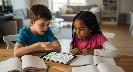 Two diverse children engaged in digital learning on a tablet at home, fostering curiosity and growth.の素材