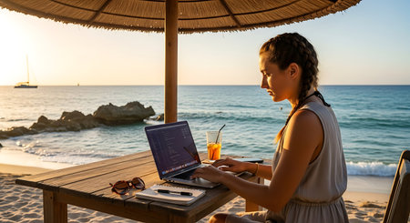 Young woman working remotely on laptop at a beautiful beach during sunset.の素材