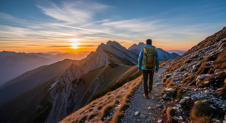 Hiker on mountain path at sunset, majestic peaks. Adventure and freedom.の素材