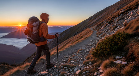 Adventurous trekker on scenic mountain path at sunrise over cloud-filled valleys.の素材