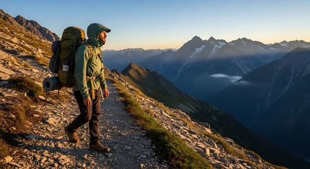 Man hiking rocky mountain trail during golden hour with vast valley views.の素材