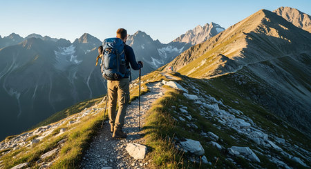 Hiker on mountain trail at sunset with epic alpine views, adventure, nature.の素材