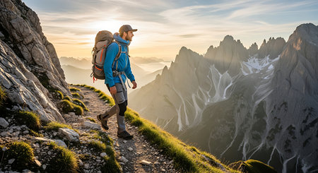 Young man hiking a scenic mountain path at golden hour with epic views.の素材