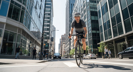 Dynamic shot of a male cyclist riding a road bike through a bustling city street.の素材