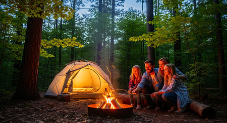 Cheerful family, illuminated by campfire, enjoying a cozy night camping.の素材