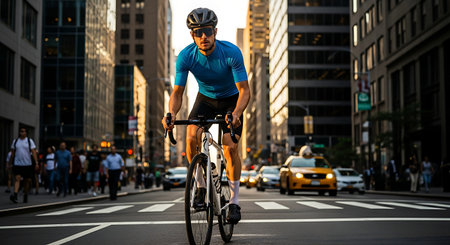 Man on road bike, city street, skyscrapers, golden hour, active urban commute.の素材