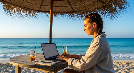Young woman working on laptop under an umbrella by turquoise ocean. Remote work freedom.の素材