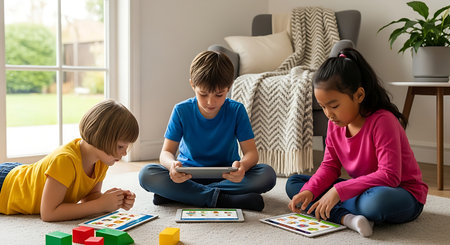 Diverse kids engaging with educational tech and toys on carpet at homeの素材