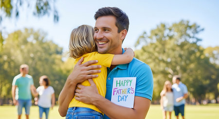 A loving father embraces his child, holding a Father's Day card in a park.の素材