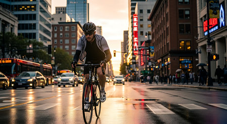 Dynamic shot of a cyclist in a vibrant city at golden hour after rain.の素材