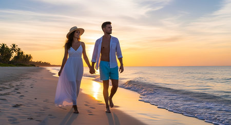 Happy couple walking hand in hand on a tropical beach at sunset, perfect for travel.の素材