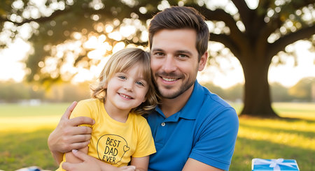 Smiling father and daughter sharing a loving embrace in a sunny park with a gift.の素材