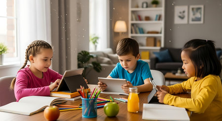 Three children using tablets for online education, surrounded by school supplies.の素材