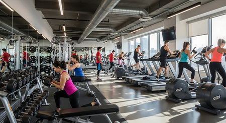 Diverse individuals engaged in various workouts at a modern, bright fitness center with large windows and ample equipment.の素材