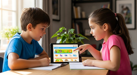 Two engaged children learn with a digital tablet, showcasing modern education.の素材
