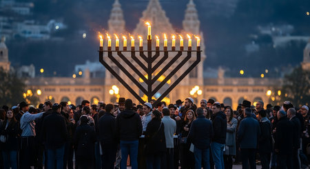 A large menorah illuminates the night during a vibrant Hanukkah celebration.の素材