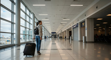 Solo female traveler with luggage walks in a bright, spacious airport.の素材