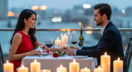 Smiling couple enjoys romantic candlelit rooftop dinner with city lights.の素材