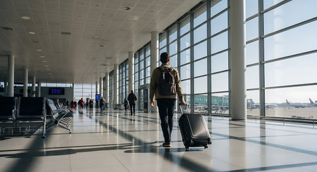 Rear view of a man with luggage walking in a spacious airport with large windows and airplanes.の素材