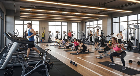 Diverse individuals pursue fitness goals in a sleek, sunlit gym, showcasing a healthy, active lifestyle.の素材