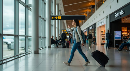 Female traveler navigating a bright, spacious airport concourse with shops and departure gates visible.の素材