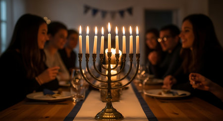 Family celebrating Hanukkah around a beautifully lit menorah at dinner.の素材