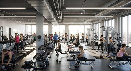Diverse individuals working out in a vibrant, modern gym. Health, fitness, and wellness.の素材