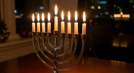 A gleaming menorah with nine lit candles, celebrating Hanukkah against a dark background.の素材
